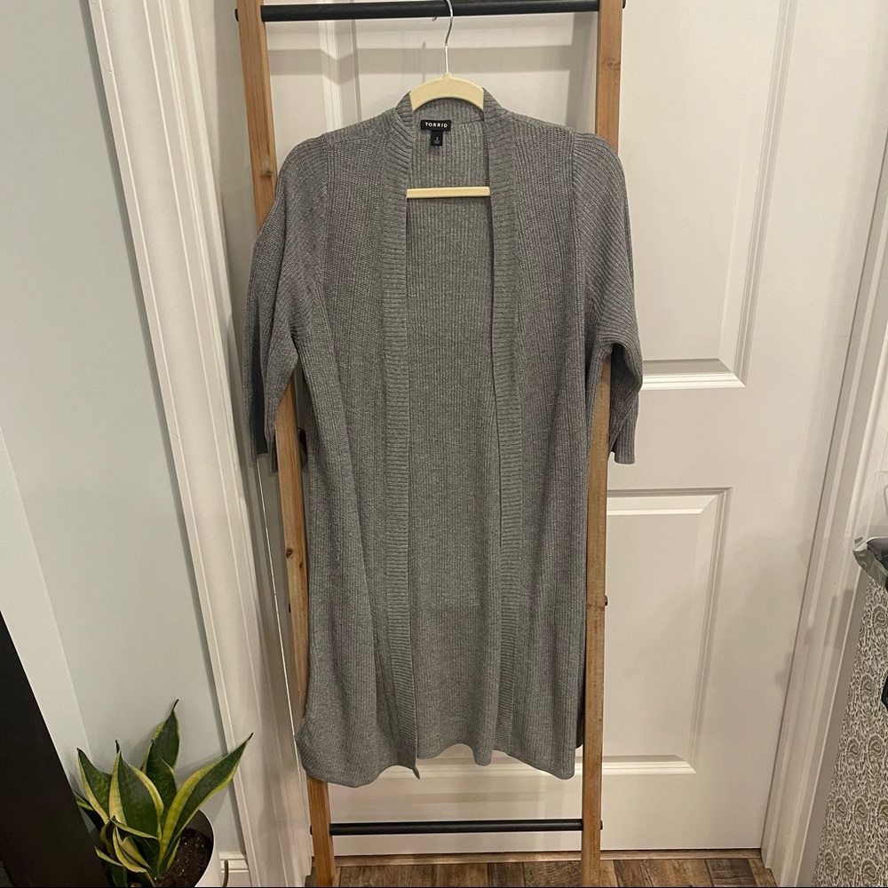 Gray torrid long cardigan with crisscross details on sides